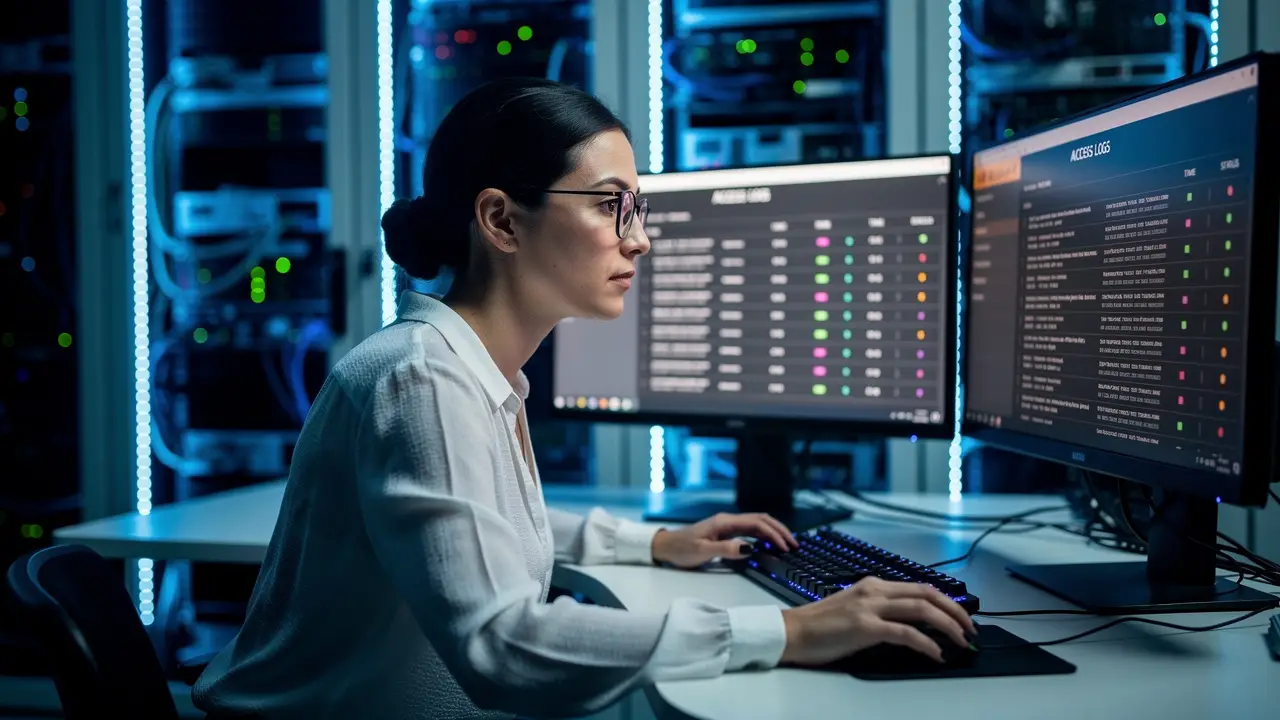 IT administrator auditing CRM user permissions at workstation