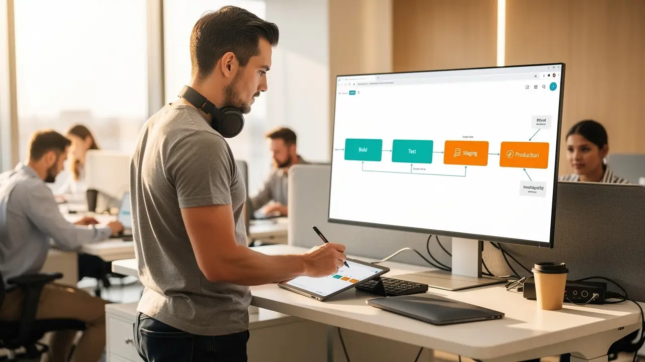 IT professional managing Salesforce deployment pipeline on monitor