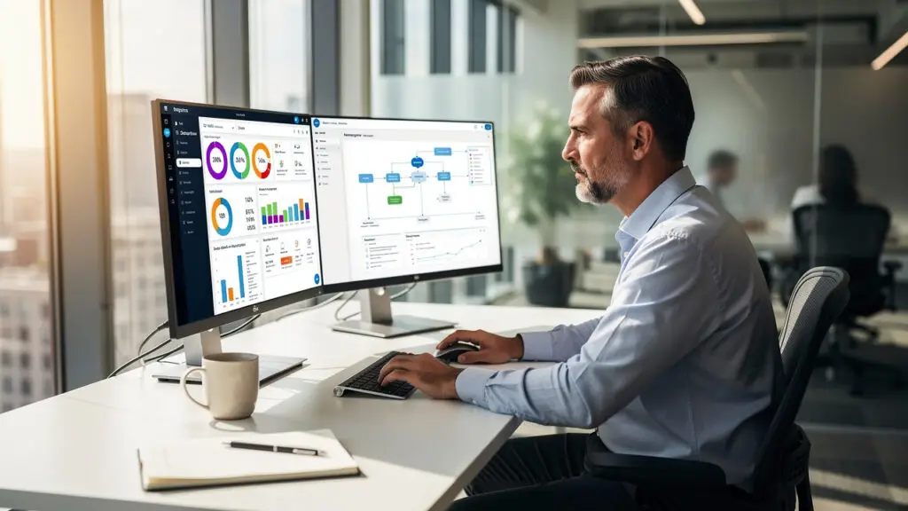 Man in a blue shirt works at a desk with two monitors showing data dashboards and charts.