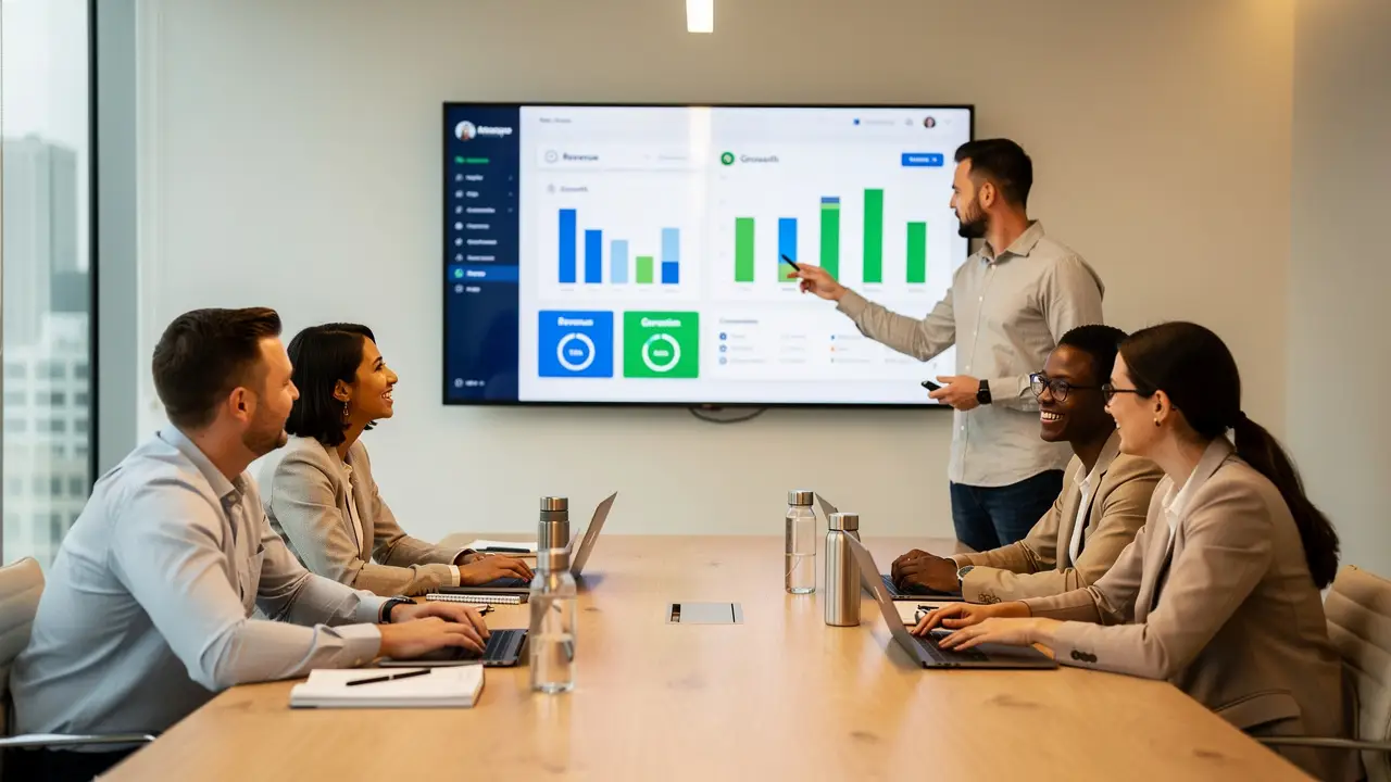 Business team reviewing Salesforce dashboard metrics together