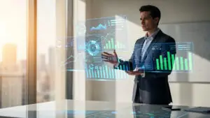 Businessman in a suit presents futuristic holographic data dashboards with charts and graphs set in a bright office.",