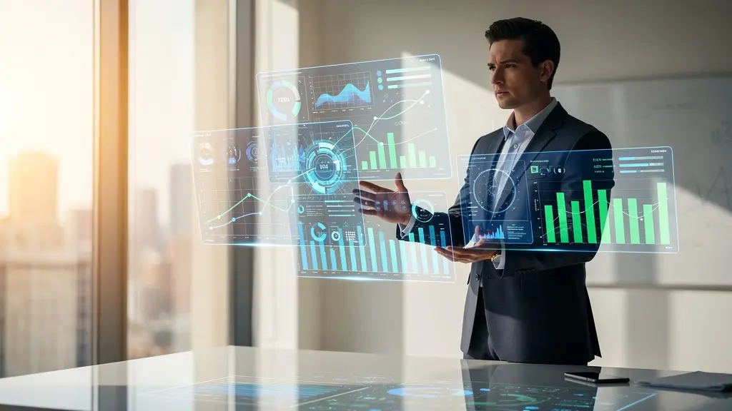Businessman in a suit presents futuristic holographic data dashboards with charts and graphs set in a bright office.",