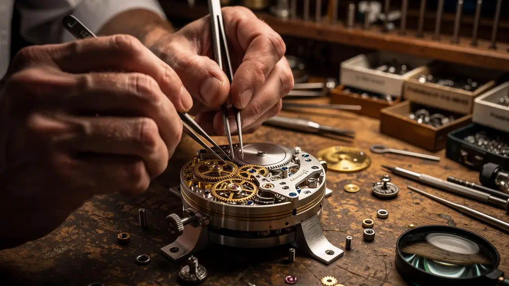 Watchmaker adjusting intricate mechanical gears