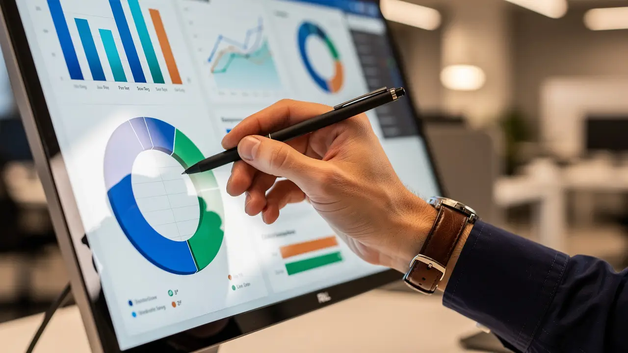 Sales professional interacting with a colorful CRM analytics touchscreen