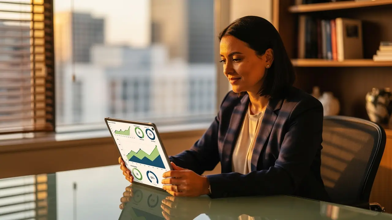 Business executive confidently reviewing revenue KPI trends on tablet