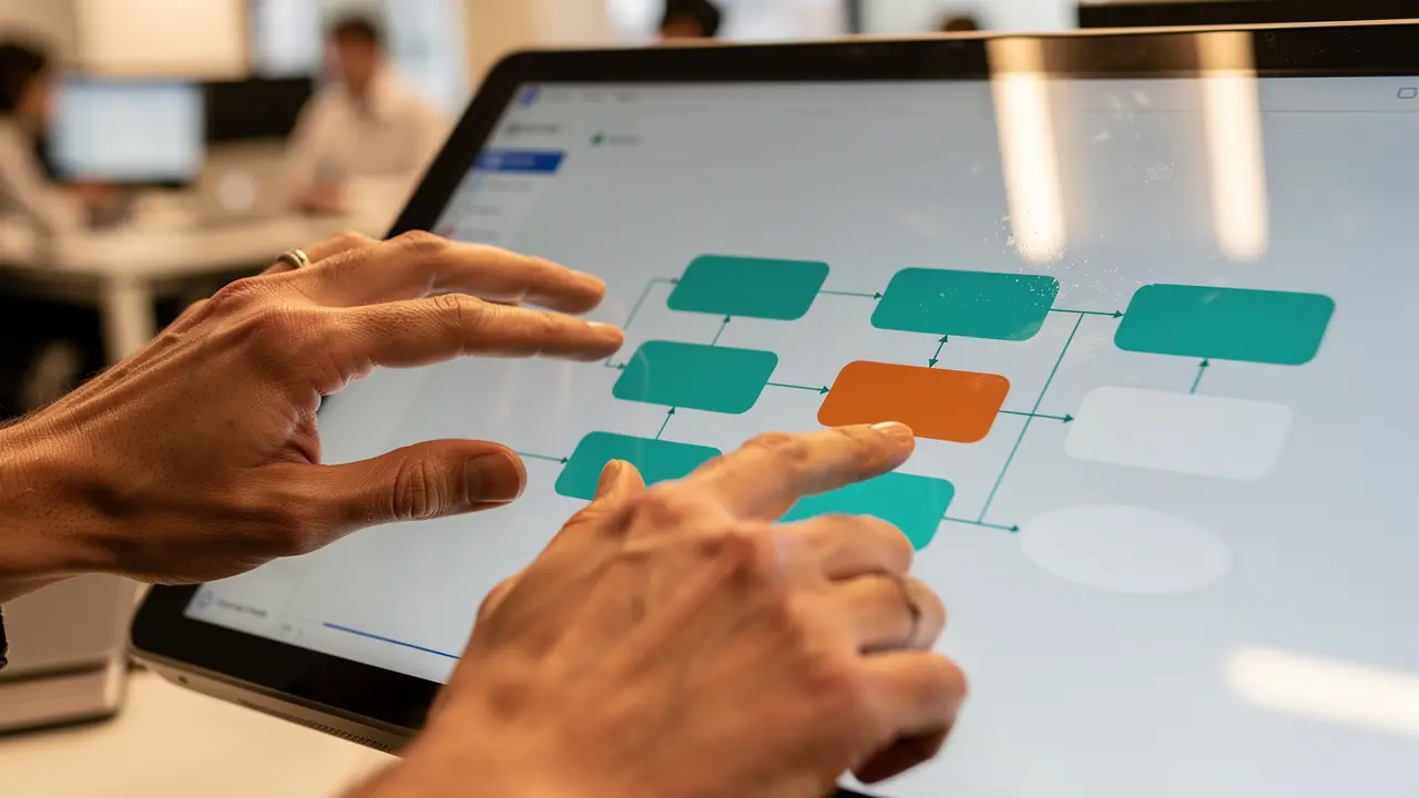 Business professional using visual drag-and-drop flow builder tool