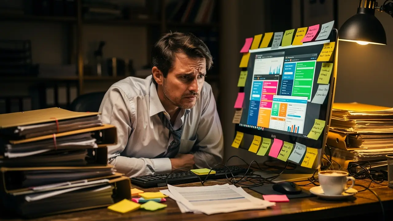 Frustrated professional dealing with complex legacy CRM workflows