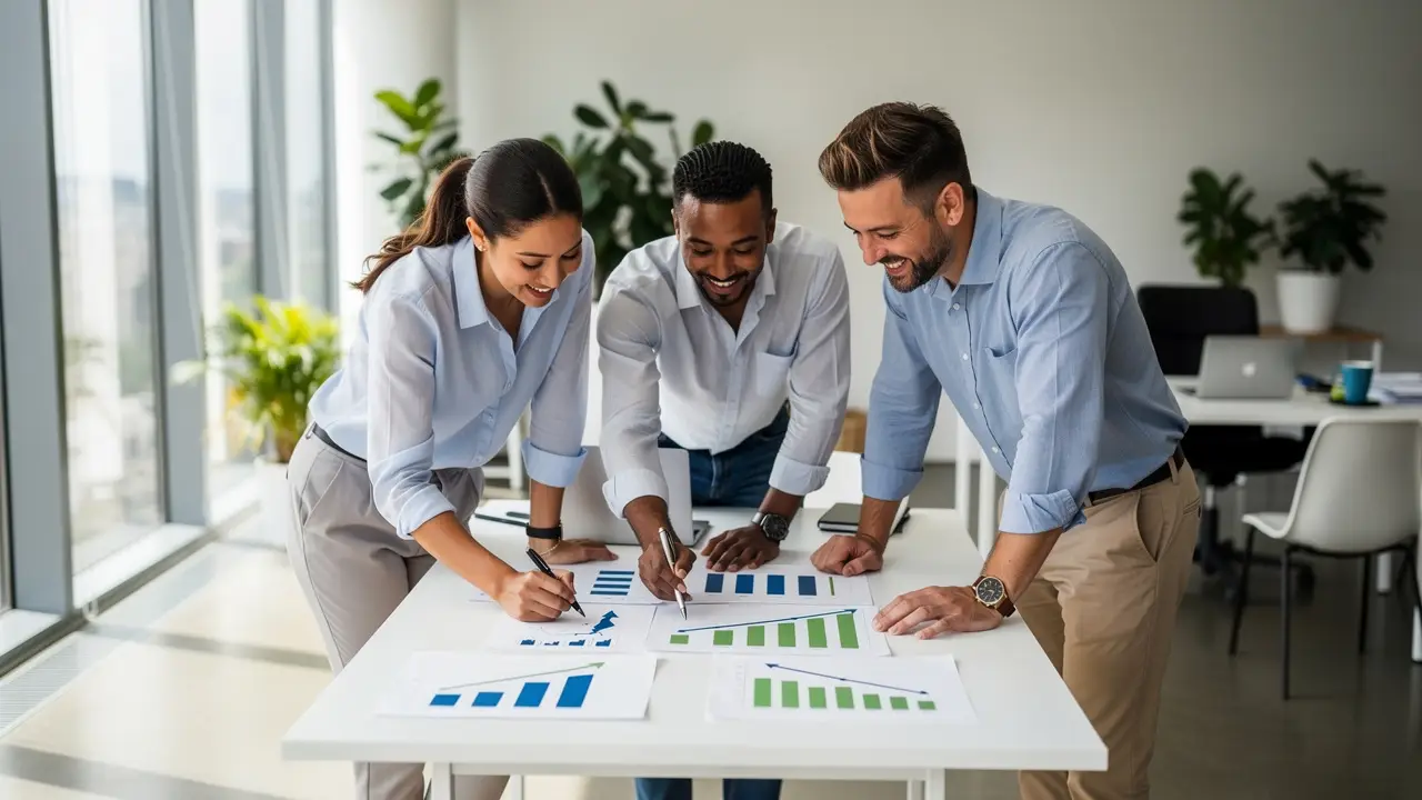 Happy sales team reviewing productivity results from automation