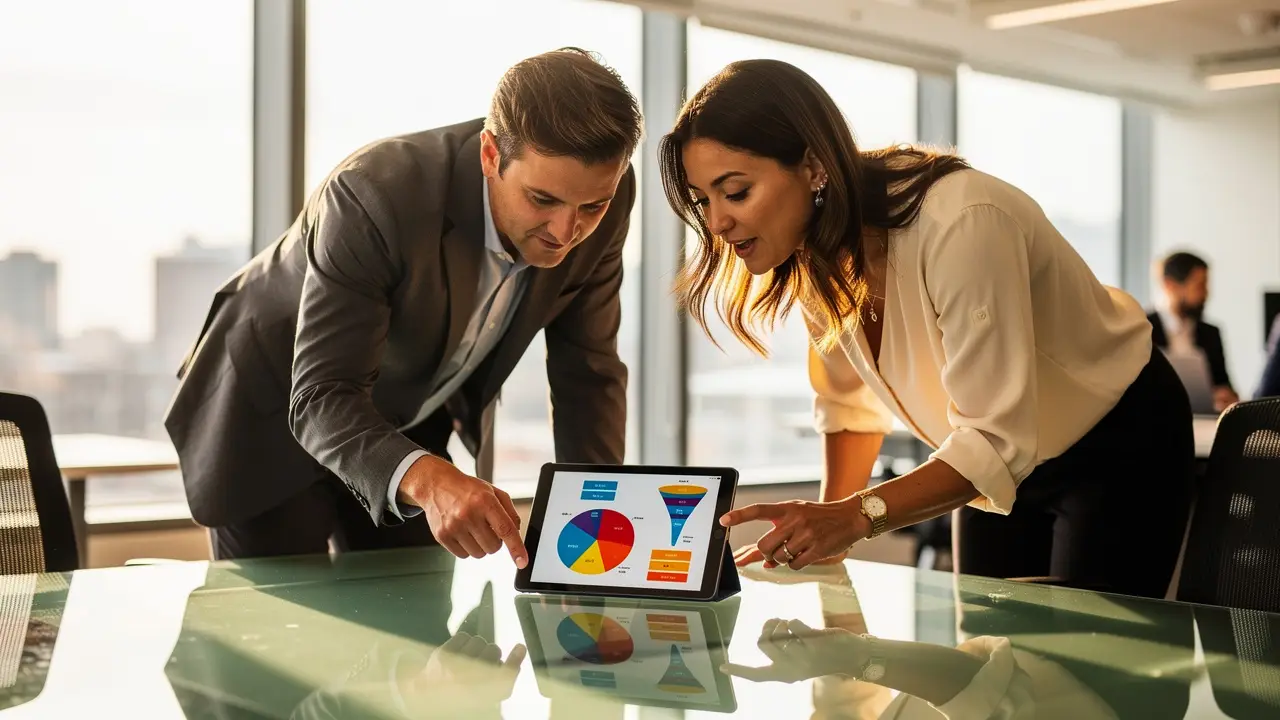Two sales professionals reviewing pipeline KPI data on a tablet