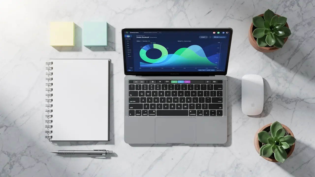 Overhead flatlay of a laptop showing sales dashboards on a clean desk