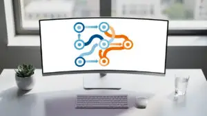 Curved monitor displays a blue and orange process-flow diagram with circular nodes on a white desk, with keyboard, mouse, plant, and glass nearby.