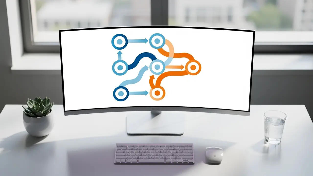 Curved monitor displays a blue and orange process-flow diagram with circular nodes on a white desk, with keyboard, mouse, plant, and glass nearby.