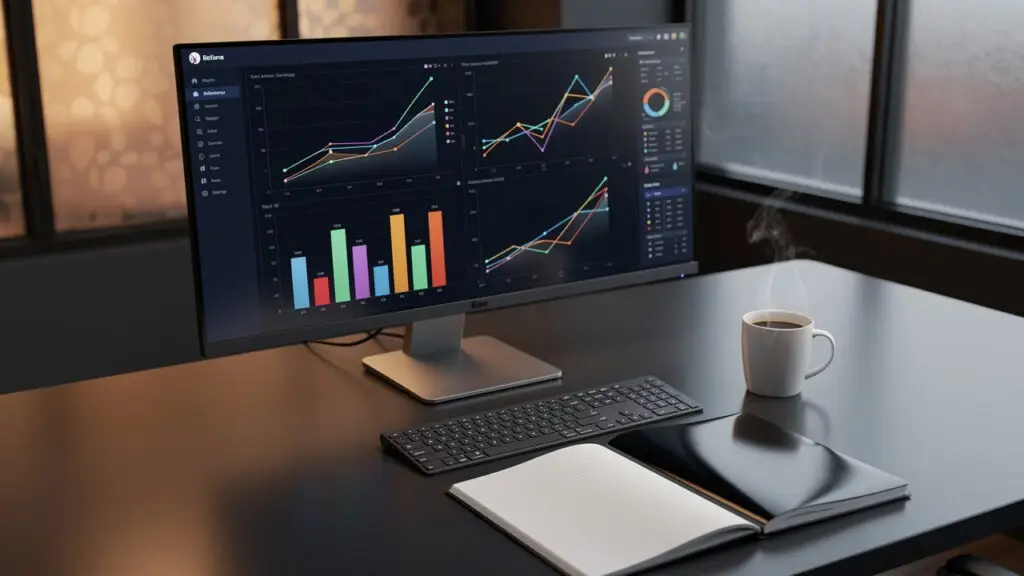 Workspace with a curved monitor displaying colorful data charts, a keyboard, notebook, and a steaming cup of coffee on a dark desk.