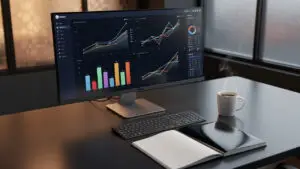 Workspace with a curved monitor displaying colorful data charts, a keyboard, notebook, and a steaming cup of coffee on a dark desk.