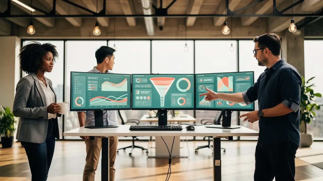 Sales operations team analyzing multiple KPI dashboards together