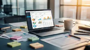 Laptop on a cluttered desk displaying charts and graphs, with a coffee mug nearby and scattered notes and papers behind it.